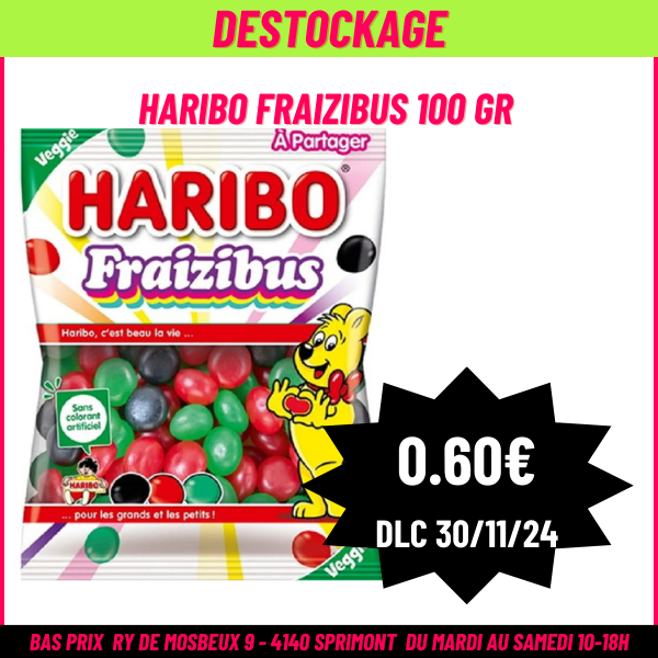 DESTOCKAGE Haribo fraizibus 100 gr (30/11/2024)