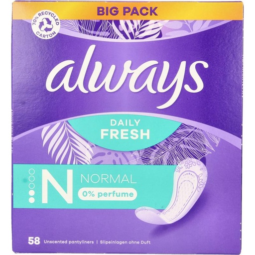 Always Protège Slips  2 Normal  Daily Fresh 0% Parfum 58 Pièces