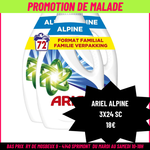 ARIEL Liquide 3 x 1080 ML Alpine - 3 x 24sc (Emballage Familial)